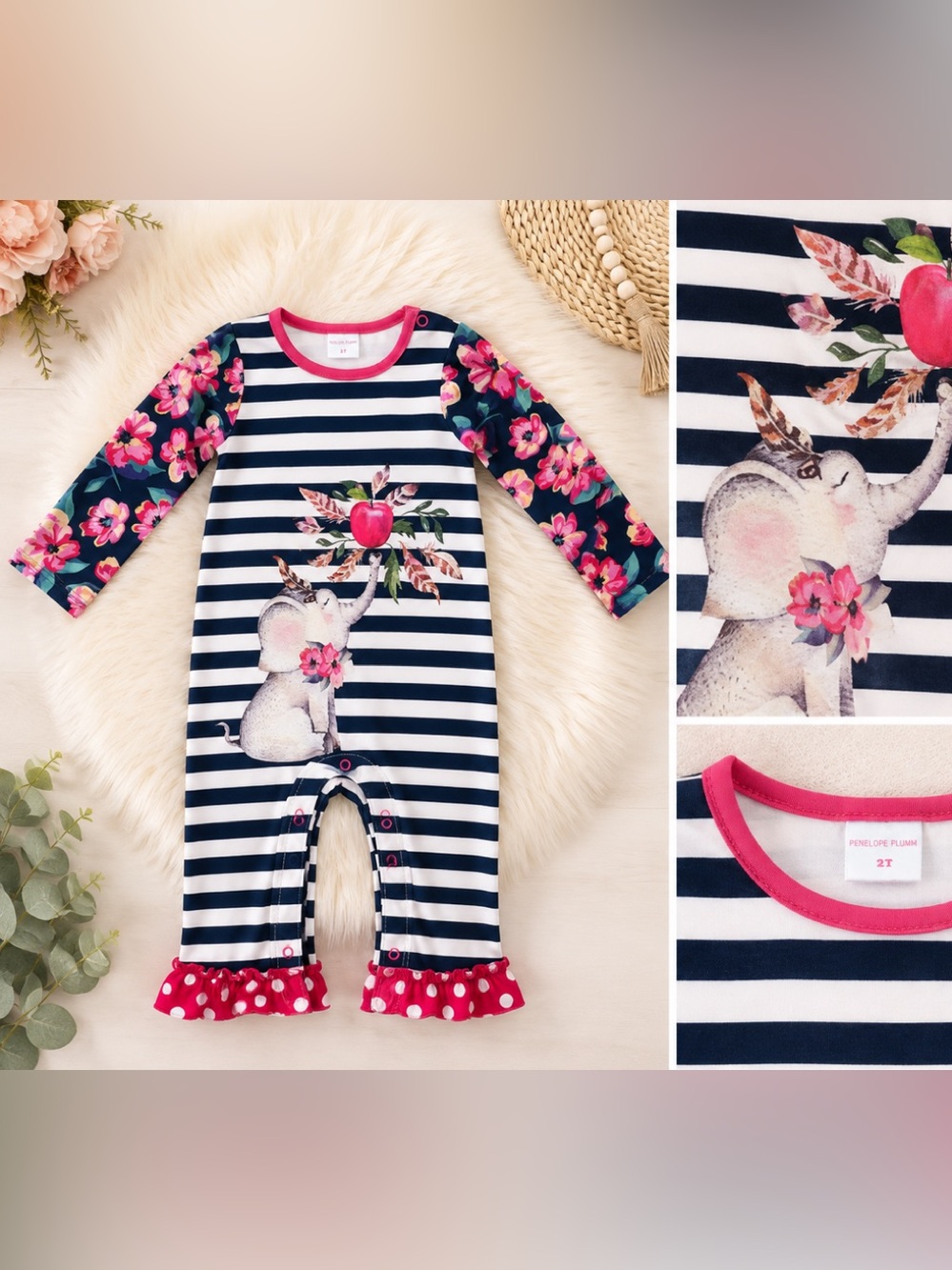 Penelope plum girl, romper elephant size 2t